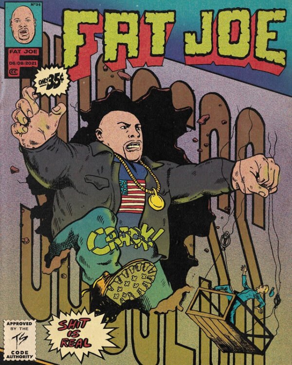fat-joe-vintage-comic-book-poster.jpg Fat Joe vintage comic book style poster featuring retro comic illustration with authentic comic book design elements, vibrant colors, and classic typography perfect for hip hop wall art.