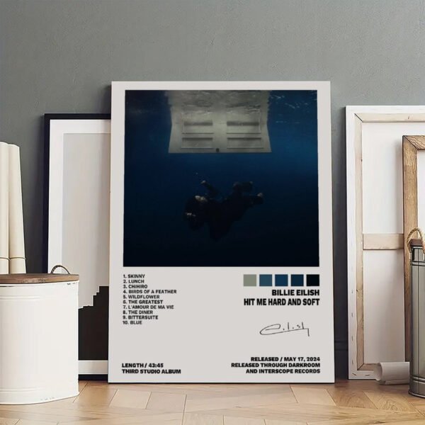 Framed Billie Eilish HIT ME HARD AND SOFT premium album poster art print displayed in modern interior setting with track listing