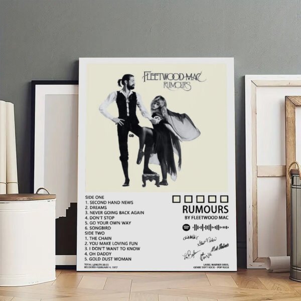 Fleetwood Mac Rumours album poster featuring iconic 1977 artwork with complete track listing and Spotify integration, displayed in modern interior setting with empty frames and wooden flooring for vintage music wall decor inspiration.