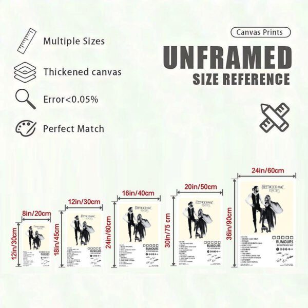 Fleetwood Mac Rumours canvas print size reference chart showing six unframed dimensions from 8in to 24in with quality specifications including thickened canvas, error rate below 0.05%, and perfect color matching for custom music wall art.