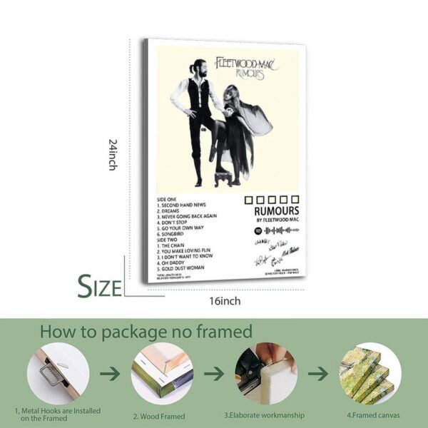 Fleetwood Mac Rumours framed poster showing 16inch*24inch size with complete track listing and professional four-step framing process including metal hooks, wood frame, elaborate workmanship, and finished framed canvas ready to hang.