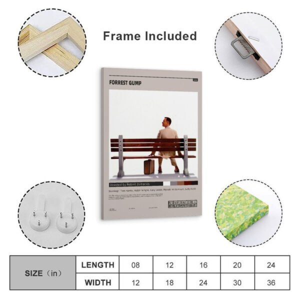 Forrest Gump framed movie poster complete package with frame construction details, mounting hardware, and size chart included.