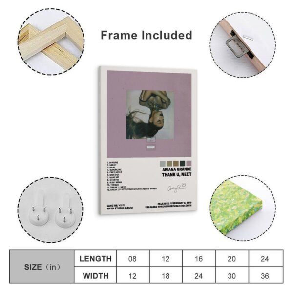 Framed Ariana Grande album poster with size chart showing dimensions from 8x12 to 24x36 inches