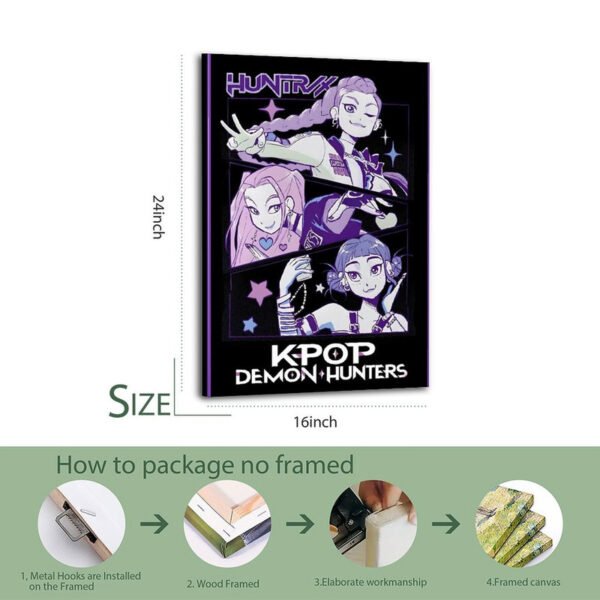 K-pop Demon Hunters framed canvas print with step-by-step packaging process showing metal hooks, wood frame, elaborate workmanship, and finished framed canvas.