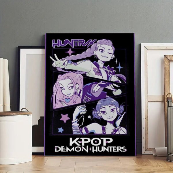 Professionally framed K-pop Demon Hunters anime poster displayed in modern minimalist interior with wooden frames and neutral decor.