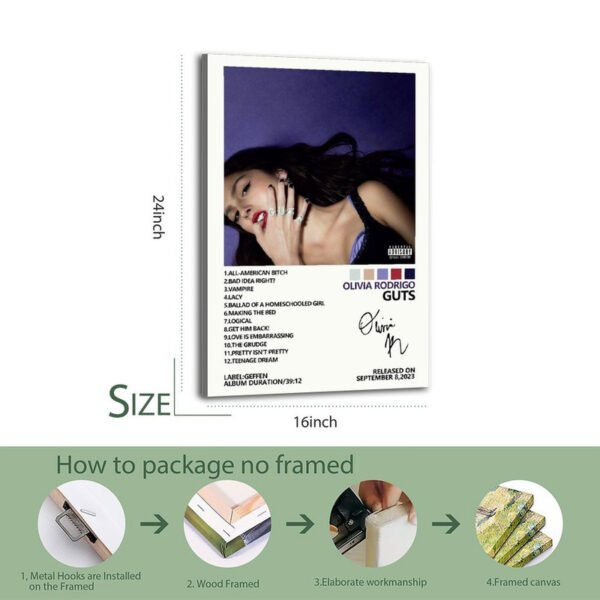 Olivia Rodrigo GUTS album poster showing 16-24 inch size options with professional canvas framing and packaging process steps
