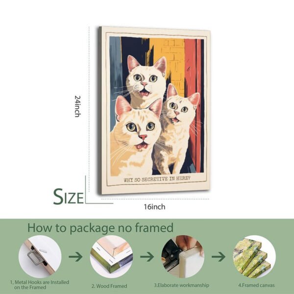 Framed cat art print "Why So Secretive In Here?" in wooden frame with packaging instructions showing metal hooks installation and elaborate workmanship.