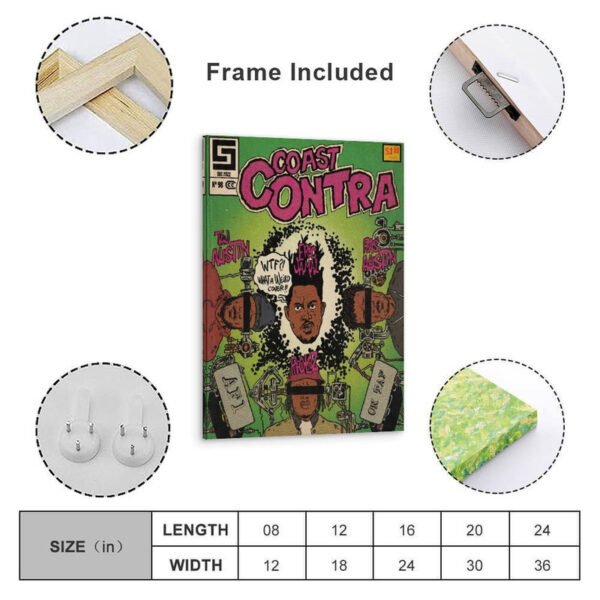 Coast Contra framed vintage comic book art with wooden frame, hanging hardware included, available in multiple sizes.