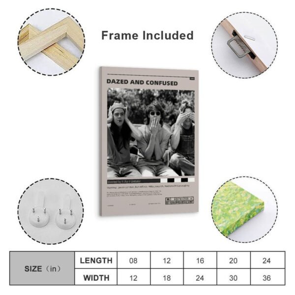 Framed Dazed and Confused movie poster with size chart showing dimensions from 8x12 to 24x36 inches, frame and hanging hardware included