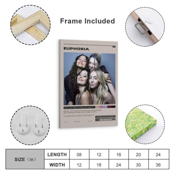 Framed HBO Euphoria poster with cast featuring Zendaya, available in multiple sizes from 8x12 to 24x36 inches, frame and hanging hardware included.