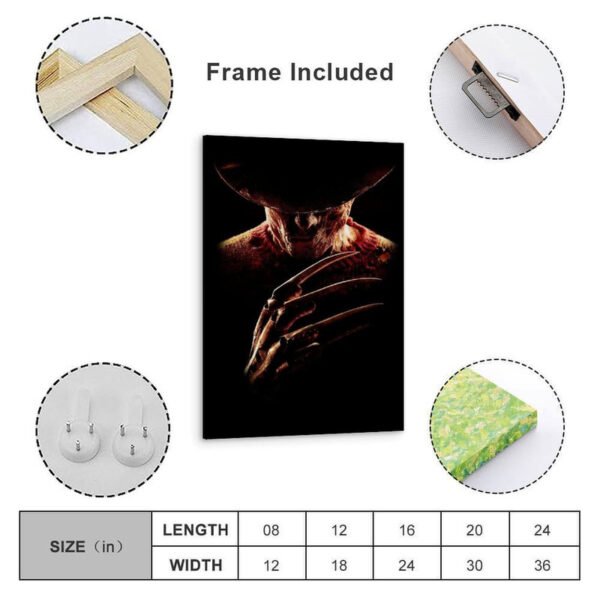 Framed Freddy Krueger canvas print with wooden frame, hanging hardware, and size chart showing dimensions from 8x12 to 24x36 inches