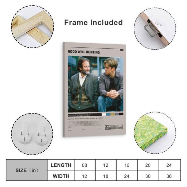 Framed Good Will Hunting movie poster with size chart showing multiple dimensions and frame included for ready-to-hang wall art.