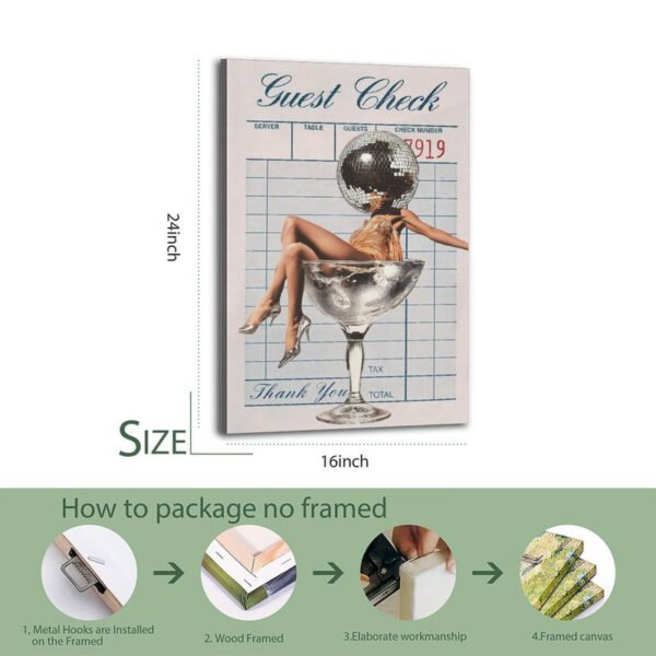 Framed Guest Check canvas art print showing disco ball martini glass artwork in 16x24 inch size with step-by-step framing and packaging process illustration.