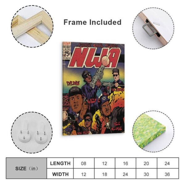 Framed N.W.A hip-hop poster with wooden frame, hanging hardware, and size chart showing multiple dimensions available