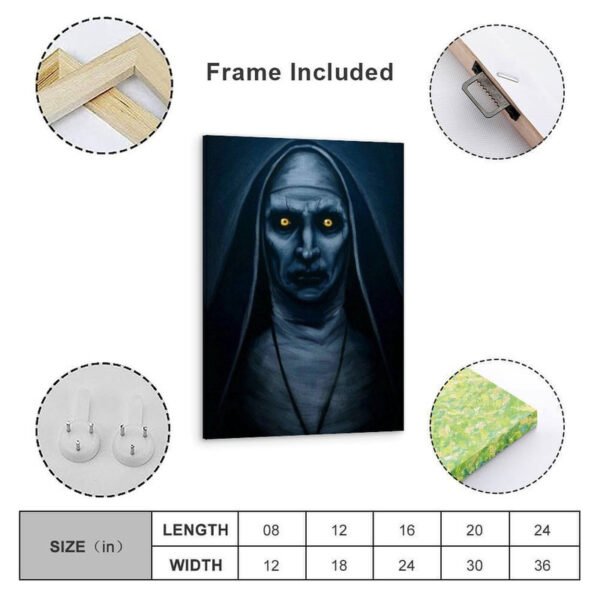 Framed horror wall art featuring demonic nun with yellow eyes, includes wooden frame, hanging hardware, and available in multiple sizes