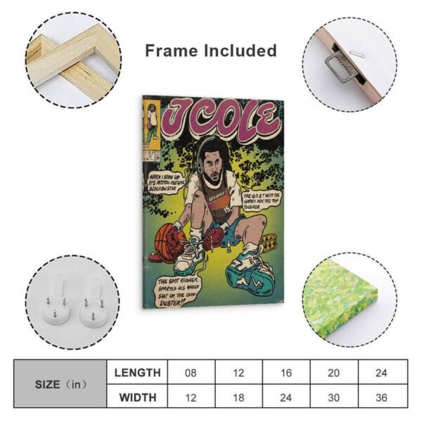 Framed J Cole comic book poster with wooden frame, hanging hardware, and multiple size options from 8x12 to 24x36 inches, ready to hang wall art.