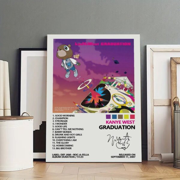 Framed Kanye West Graduation album poster displayed on modern gray wall with wood flooring for premium home decor