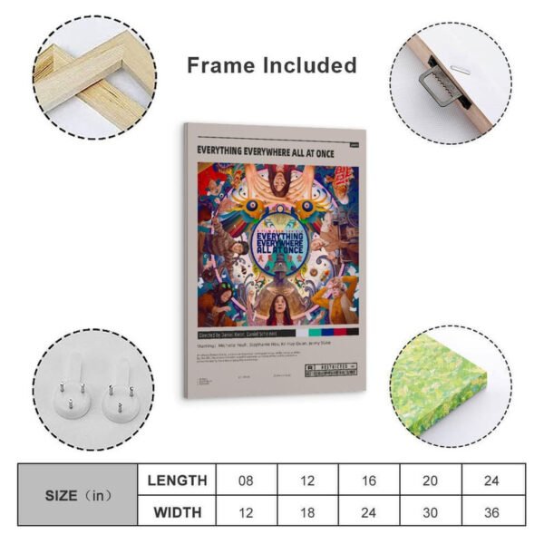 Everything Everywhere All at Once framed movie poster complete package with wooden frame, mounting hardware, and size chart showing dimensions from 8x12 to 24x36 inches.
