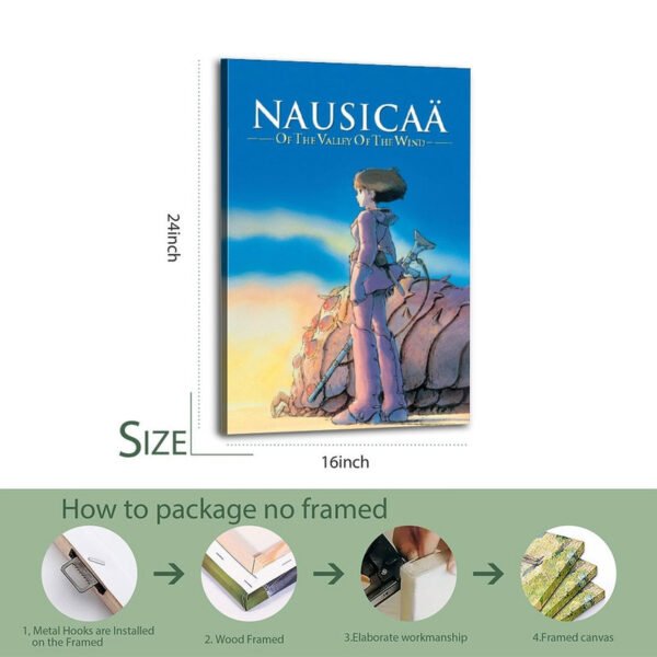 Framed Nausicaa canvas print 16x24 inches with wooden frame and professional packaging process guide for secure shipping.