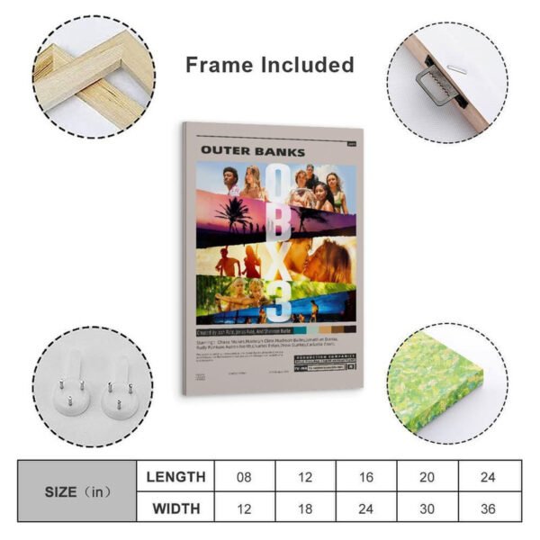 Framed Outer Banks Season 3 poster product display showing frame details, hanging hardware, and size chart from 8x12 to 24x36 inches with frame included.