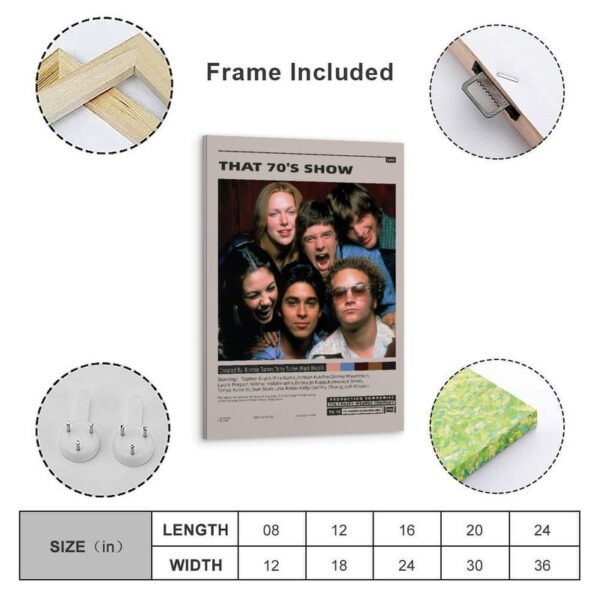 Framed That 70's Show poster with size chart showing custom dimensions from 8x12 to 24x36 inches, including frame construction and mounting hardware details.