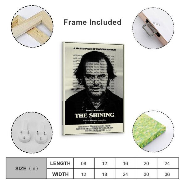 Framed The Shining movie poster with frame construction details, hanging hardware, and size chart specifications