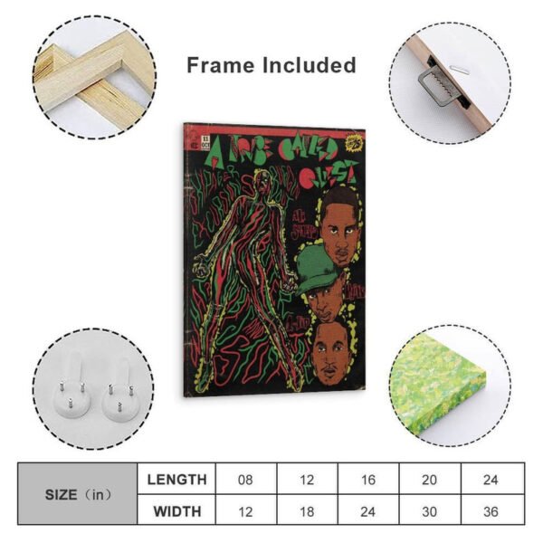 Framed A Tribe Called Quest vintage comic poster with wooden frame, mounting hardware, and size chart showing multiple dimensions