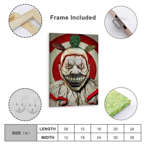 Framed Twisty the Clown canvas print with frame construction details and size chart showing multiple dimensions from 8x12 to 24x36 inches