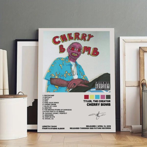 Framed Tyler The Creator Cherry Bomb album poster displayed on wall with white matting black frame modern interior design music wall art