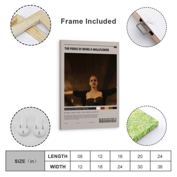 Framed Perks of Being a Wallflower movie poster with wooden frame, mounting hardware, and size chart showing multiple dimensions