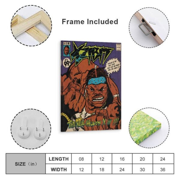 Product shot of the Xzibit 'Weapon X' comic art canvas, showing the included wood frame, hanging hardware, various available sizes, and a side view of the gallery wrap.