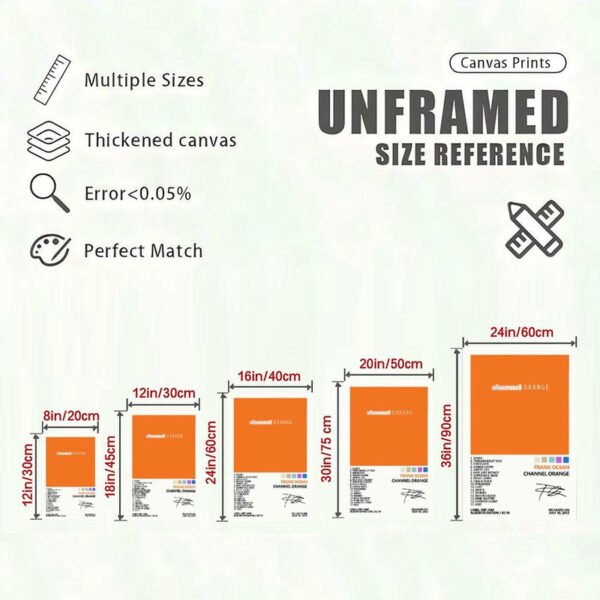 Frank Ocean Channel Orange canvas print size reference chart showing 5 different dimensions from 8in to 24in with quality specifications