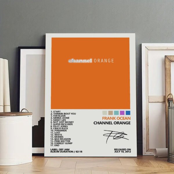 Frank Ocean Channel Orange framed poster displayed in minimalist interior with wooden floors and neutral walls