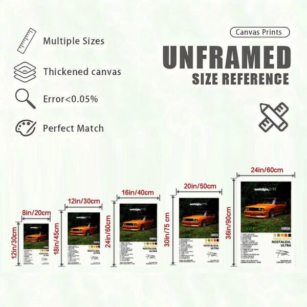 Frank Ocean nostalgia ULTRA canvas print size reference chart showing 5 dimensions from 8in to 24in with quality specifications