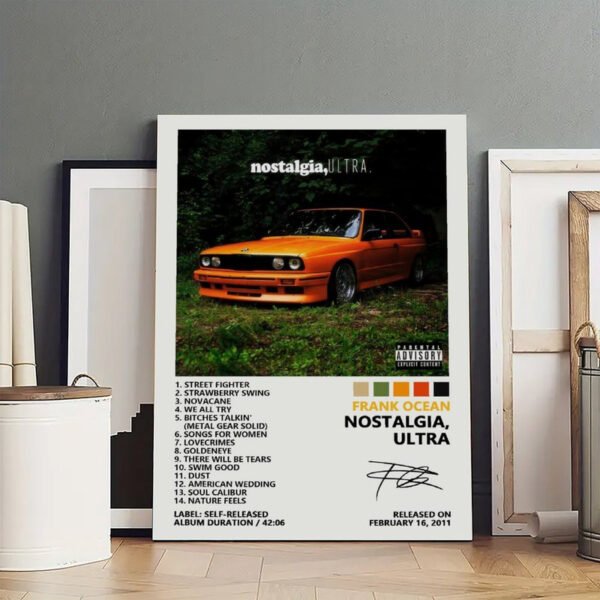 Frank Ocean nostalgia ULTRA premium framed poster with orange BMW E30, complete track listing, and signature displayed with empty frames