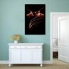 Freddy Krueger canvas print hanging on mint green wall above white sideboard in modern minimalist bedroom interior