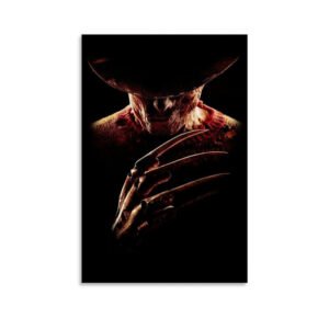 Dramatic close-up portrait of Freddy Krueger with burned face, fedora hat, and razor glove against black background