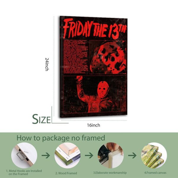 Friday the 13th 16x24 inch canvas print with packaging guide showing 4-step process for shipping unframed horror movie wall art