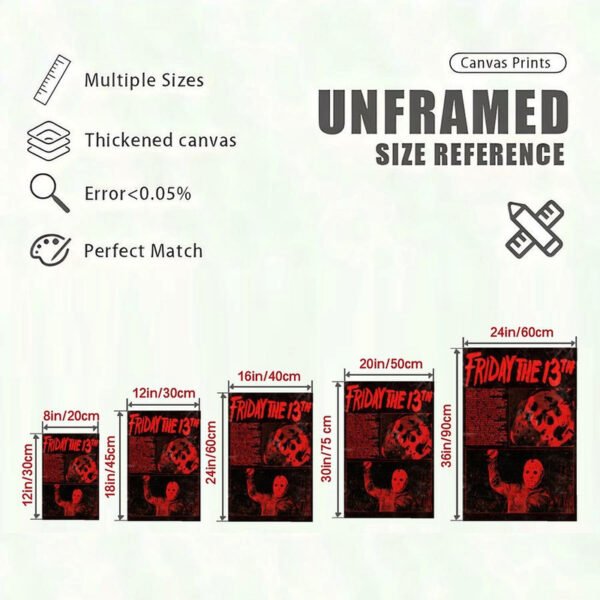 Friday the 13th canvas print size reference guide showing 5 different dimensions from 8 inches to 24 inches with quality specifications for unframed wall art