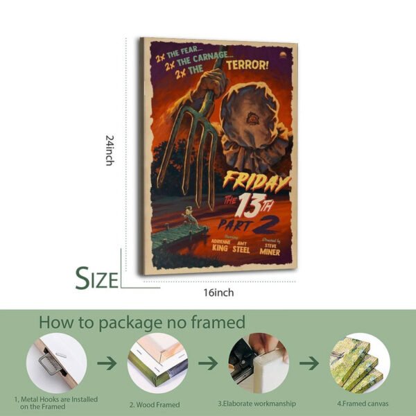 Friday the 13th Part 2 movie poster 24x16 inch with step-by-step unframed canvas packaging and metal hook installation guide