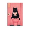 Funny black cat with pink eyes reading newspaper on pink toilet - humorous bathroom wall art.