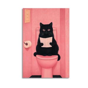 Funny black cat with pink eyes reading newspaper on pink toilet - humorous bathroom wall art.