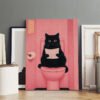Funny black cat bathroom canvas art print showing cat reading newspaper on pink toilet - humorous wall decor.