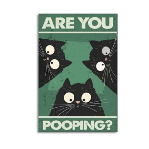 Vintage-style humorous wall art poster featuring three curious black cats with large eyes and "Are You Pooping?" text, perfect for bathroom or novelty home decor.