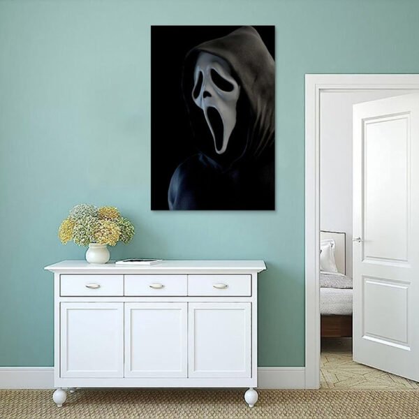 Ghostface horror wall art displayed in minimalist mint green room with white furniture and peaceful decor