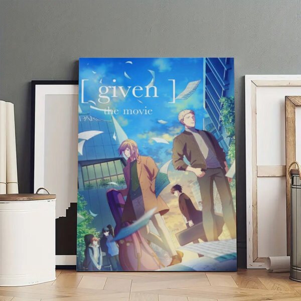 Given anime movie poster canvas print displayed in minimalist art collection with framed artworks.
