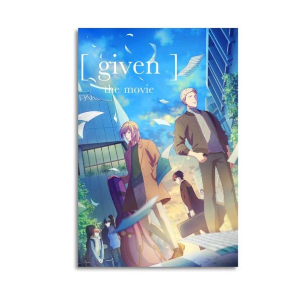 Given anime movie poster featuring main characters on outdoor stairs with blue sky and falling petals.