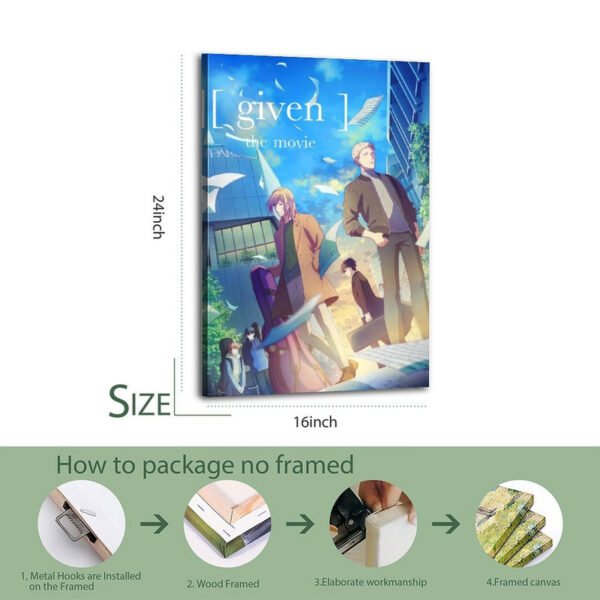 Given anime movie 16x24 inch canvas print with step-by-step unframed packaging and shipping process demonstration.