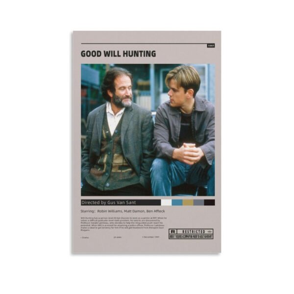 1997 Good Will Hunting movie poster featuring Robin Williams and Matt Damon with complete film synopsis and cast information.
