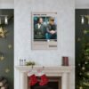 Good Will Hunting movie poster displayed as elegant wall art above fireplace mantel in Christmas decorated living room.